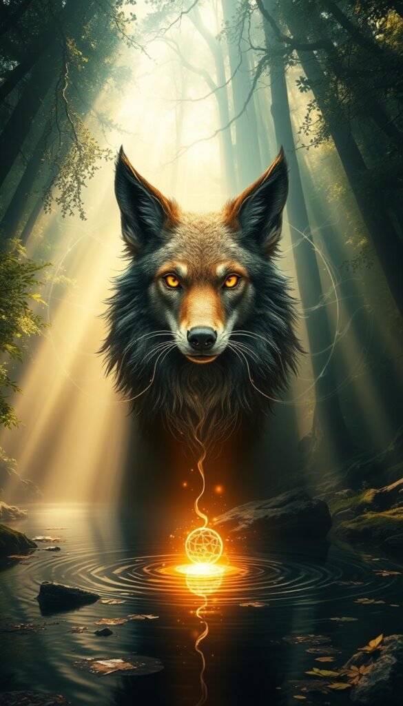A mystical forest glade, sunlight filters through the canopy, casting a warm glow upon a serene pond. In the foreground, a majestic animal spirit guide emerges, its eyes shining with ancient wisdom. Ethereal wisps of energy radiate from its form, conveying a sense of profound connection to the natural world. The background features swirling patterns of light and shadow, suggesting the intangible realms of the spiritual plane. The overall composition evokes a sense of reverence and the feeling of receiving a profound message from the animal kingdom. A mystical forest glade, sunlight filters through the canopy, casting a warm glow upon a serene pond. In the foreground, a majestic animal spirit guide emerges, its eyes shining with ancient wisdom. Ethereal wisps of energy radiate from its form, conveying a sense of profound connection to the natural world. The background features swirling patterns of light and shadow, suggesting the intangible realms of the spiritual plane. The overall composition evokes a sense of reverence and the feeling of receiving a profound message from the animal kingdom.