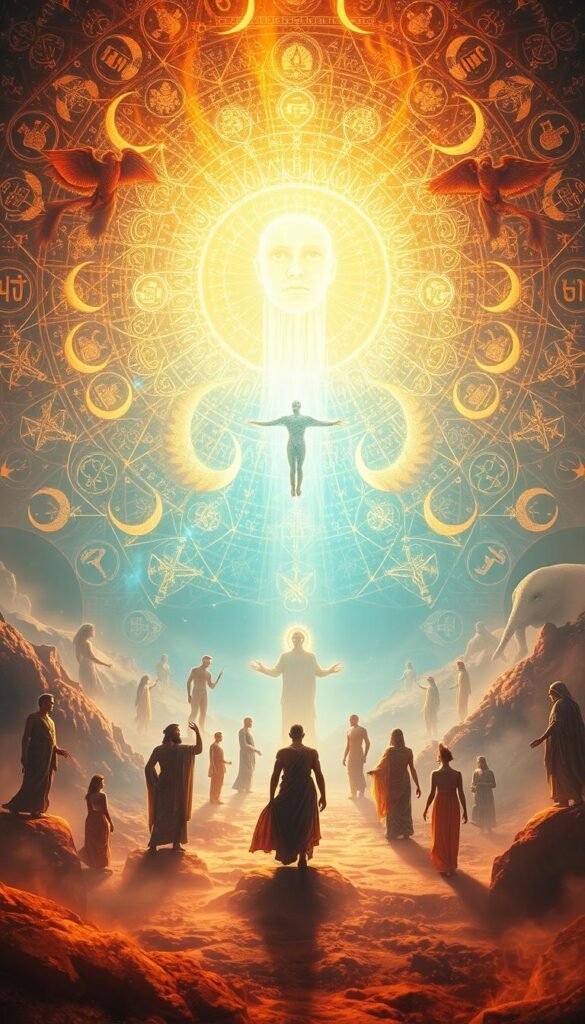 A mystical landscape of universal dream symbols, bathed in warm, ethereal light. In the foreground, a central figure representing the subconscious mind, surrounded by a tapestry of archetypal imagery - ancient glyphs, crescent moons, celestial bodies, and mythical creatures. The middle ground features a diverse cast of human forms, each embodying a different cultural or religious dream tradition, connected by swirling, luminous energy. The background reveals a boundless, kaleidoscopic expanse, hinting at the infinite depths of the collective unconscious. Soft, diffused focus, with a sense of timeless, transcendent wonder. A mystical landscape of universal dream symbols, bathed in warm, ethereal light. In the foreground, a central figure representing the subconscious mind, surrounded by a tapestry of archetypal imagery - ancient glyphs, crescent moons, celestial bodies, and mythical creatures. The middle ground features a diverse cast of human forms, each embodying a different cultural or religious dream tradition, connected by swirling, luminous energy. The background reveals a boundless, kaleidoscopic expanse, hinting at the infinite depths of the collective unconscious. Soft, diffused focus, with a sense of timeless, transcendent wonder.