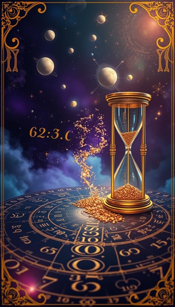 A mystical numerological grid floats in the foreground, symbols and numbers etched in intricate golden lines. In the middle ground, an ornate hourglass spills shimmering grains of time, while celestial bodies and cosmic patterns swirl in the rich, atmospheric background. Soft, diffused lighting imbues the scene with a reverent, otherworldly glow, evoking a profound understanding of the spiritual significance of time and dates. Vibrant hues of indigo, violet, and burnished gold create a visually stunning, meditative composition. A mystical numerological grid floats in the foreground, symbols and numbers etched in intricate golden lines. In the middle ground, an ornate hourglass spills shimmering grains of time, while celestial bodies and cosmic patterns swirl in the rich, atmospheric background. Soft, diffused lighting imbues the scene with a reverent, otherworldly glow, evoking a profound understanding of the spiritual significance of time and dates. Vibrant hues of indigo, violet, and burnished gold create a visually stunning, meditative composition.