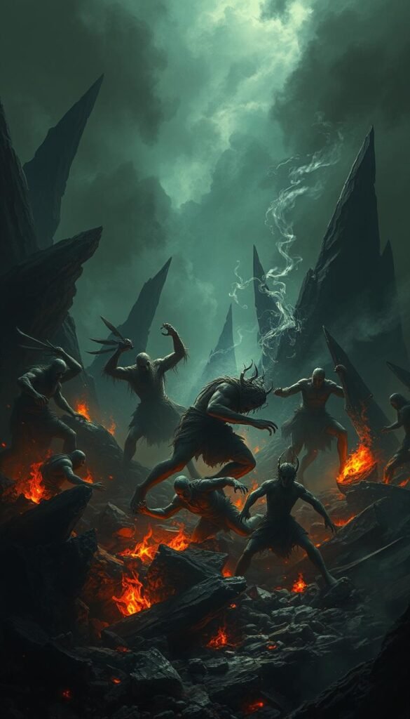 A nightmarish landscape, a turbulent realm where shadows cast by jagged forms loom large, enveloping the scene in an oppressive atmosphere. Glowing embers smolder amidst the debris, their flickering light casting an eerie glow upon twisted, tortured figures struggling to break free from their anguished confinement. The air is thick with tension, palpable waves of energy radiating outward, reflecting the profound distress and trauma that permeates this unsettling domain. Ethereal wisps of smoke curl and dissipate, hinting at the ephemeral nature of the torment. A spiritual, yet unsettling, visual interpretation of the forces that can give rise to nightmares. A nightmarish landscape, a turbulent realm where shadows cast by jagged forms loom large, enveloping the scene in an oppressive atmosphere. Glowing embers smolder amidst the debris, their flickering light casting an eerie glow upon twisted, tortured figures struggling to break free from their anguished confinement. The air is thick with tension, palpable waves of energy radiating outward, reflecting the profound distress and trauma that permeates this unsettling domain. Ethereal wisps of smoke curl and dissipate, hinting at the ephemeral nature of the torment. A spiritual, yet unsettling, visual interpretation of the forces that can give rise to nightmares.