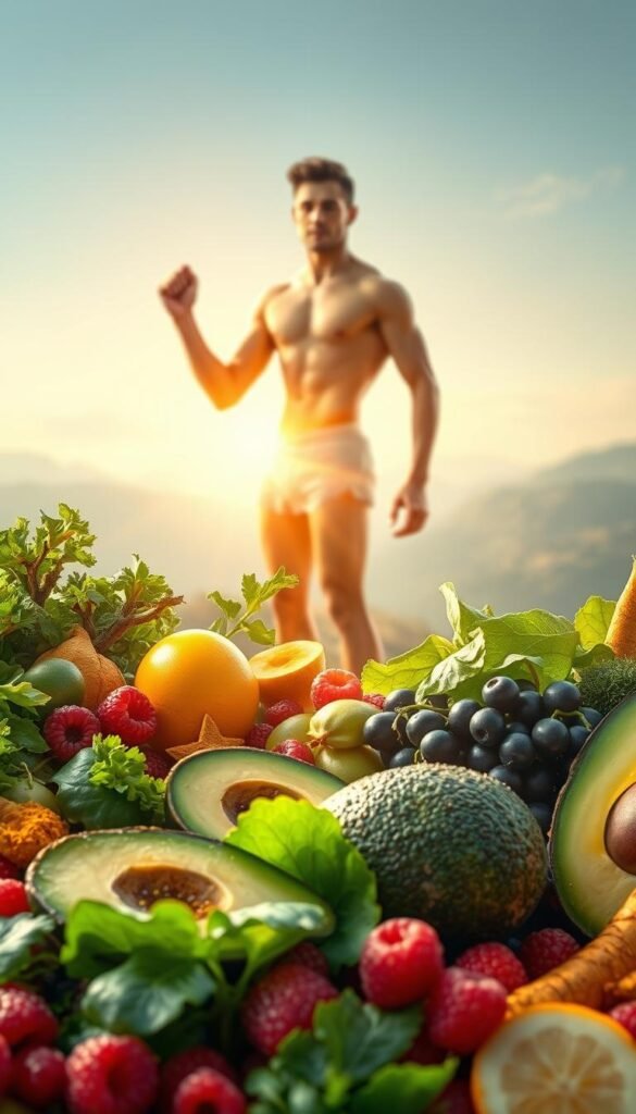 A nutritious feast for the athletic soul, captured in a radiant, holistic portrait. In the foreground, a vibrant array of whole foods - crisp greens, ruby-red berries, creamy avocado, and golden-hued turmeric. Surrounding this bounty, a halo of energy lines emanates, infusing the scene with a sense of vitality and rejuvenation. In the middle ground, a sleek, muscular figure stands tall, embodying the strength and grace of the dedicated athlete. Soft, diffused lighting casts a warm glow, highlighting the interplay of nourishment and physical prowess. In the background, a serene, ethereal landscape unfolds, hinting at the deeper, spiritual connection between the body, mind, and the natural world. A nutritious feast for the athletic soul, captured in a radiant, holistic portrait. In the foreground, a vibrant array of whole foods - crisp greens, ruby-red berries, creamy avocado, and golden-hued turmeric. Surrounding this bounty, a halo of energy lines emanates, infusing the scene with a sense of vitality and rejuvenation. In the middle ground, a sleek, muscular figure stands tall, embodying the strength and grace of the dedicated athlete. Soft, diffused lighting casts a warm glow, highlighting the interplay of nourishment and physical prowess. In the background, a serene, ethereal landscape unfolds, hinting at the deeper, spiritual connection between the body, mind, and the natural world.