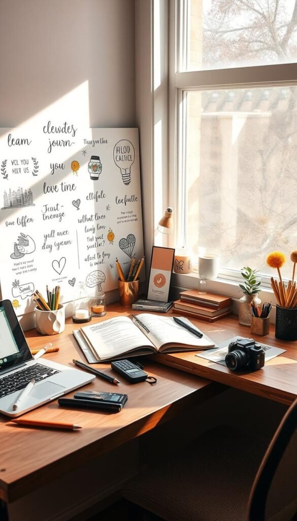 A peaceful, airy vision board and open journal with inspirational phrases, symbols, and illustrations. The composition features a wooden desk with a mix of analog and digital tools - pens, pencils, markers, a laptop, and camera. Soft, diffused natural light streams in through a large window, casting gentle shadows. The color palette is warm and earthy, with accents of sage green, terracotta, and touches of gold. An air of focused introspection and creative flow pervades the scene, inviting the viewer to envision and manifest their aspirations.