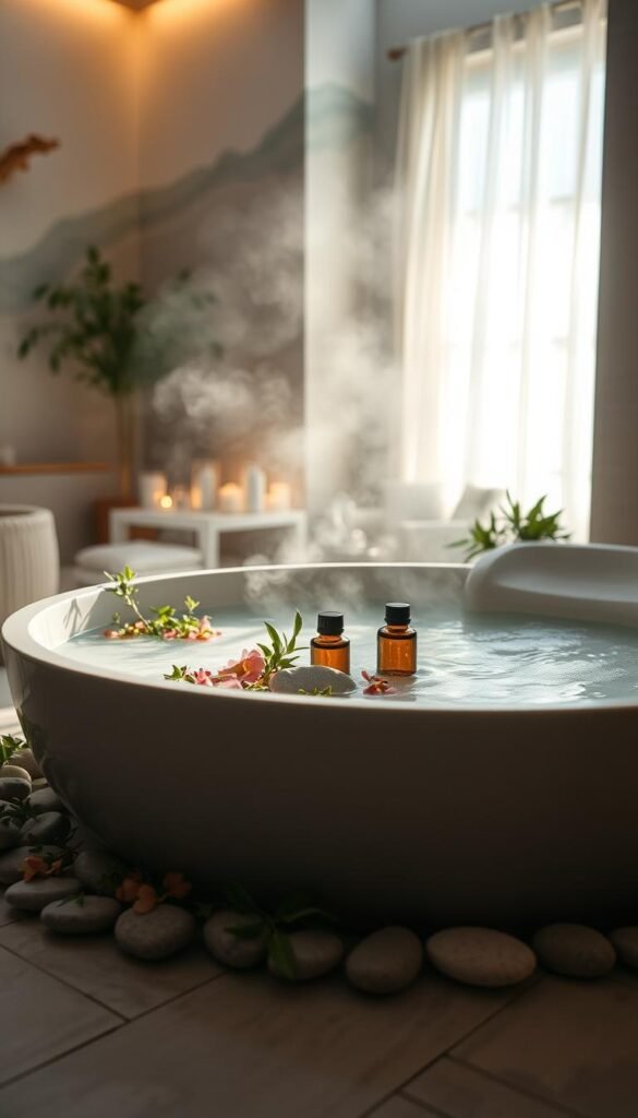 A peaceful and serene scene of a spa-like bathing ritual. In the foreground, a large, deep-soaking tub filled with steaming water and fragrant essential oils, ready to soothe and detoxify. Surrounding the tub, an array of natural elements - fresh herbs, flowers, and smooth stones, arranged with care. The middle ground features soft, diffused lighting, casting a warm, comforting glow. In the background, a calming, contemplative environment, with hints of natural textures and soothing colors, inviting deep relaxation and renewal. The overall mood is one of tranquility, self-care, and a connection to the restorative power of nature. A peaceful and serene scene of a spa-like bathing ritual. In the foreground, a large, deep-soaking tub filled with steaming water and fragrant essential oils, ready to soothe and detoxify. Surrounding the tub, an array of natural elements - fresh herbs, flowers, and smooth stones, arranged with care. The middle ground features soft, diffused lighting, casting a warm, comforting glow. In the background, a calming, contemplative environment, with hints of natural textures and soothing colors, inviting deep relaxation and renewal. The overall mood is one of tranquility, self-care, and a connection to the restorative power of nature.