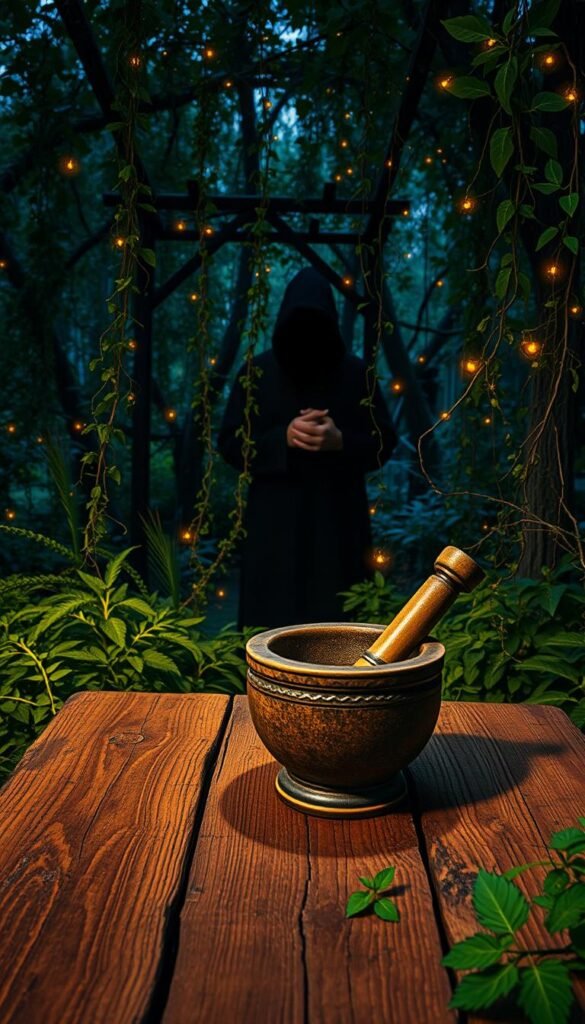 A peaceful garden at dusk, overgrown with lush, vibrant herbs. In the foreground, a mortar and pestle sit atop a weathered wooden table, their contents casting an ominous aura. The middle ground features a figure shrouded in shadow, their hands clasped in contemplation. Trailing vines and glowing fireflies create a mystical atmosphere. Warm lighting filters through the canopy, casting dramatic shadows and highlighting the intricate textures of the plants. A sense of both serenity and caution pervades the scene, inviting the viewer to consider the nuances of herbal detoxification. A peaceful garden at dusk, overgrown with lush, vibrant herbs. In the foreground, a mortar and pestle sit atop a weathered wooden table, their contents casting an ominous aura. The middle ground features a figure shrouded in shadow, their hands clasped in contemplation. Trailing vines and glowing fireflies create a mystical atmosphere. Warm lighting filters through the canopy, casting dramatic shadows and highlighting the intricate textures of the plants. A sense of both serenity and caution pervades the scene, inviting the viewer to consider the nuances of herbal detoxification.