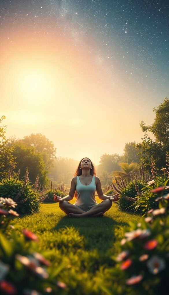 A peaceful garden bathed in soft, warm light. In the foreground, a radiant figure sits cross-legged, eyes closed in contemplation. An aura of self-acceptance and inner harmony emanates from the person, who appears to be in a state of profound self-love and worthiness. The middle ground features lush, verdant plants and flowers, symbolizing growth and nourishment. In the background, a serene, starry sky stretches out, conveying a sense of boundless possibilities and spiritual connection. The overall atmosphere is one of tranquility, self-reflection, and the empowering realization of one's inherent value. A peaceful garden bathed in soft, warm light. In the foreground, a radiant figure sits cross-legged, eyes closed in contemplation. An aura of self-acceptance and inner harmony emanates from the person, who appears to be in a state of profound self-love and worthiness. The middle ground features lush, verdant plants and flowers, symbolizing growth and nourishment. In the background, a serene, starry sky stretches out, conveying a sense of boundless possibilities and spiritual connection. The overall atmosphere is one of tranquility, self-reflection, and the empowering realization of one's inherent value.