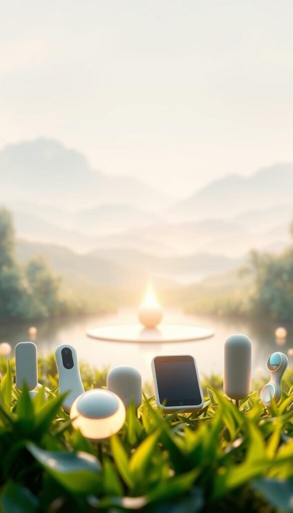 A peaceful garden setting, with a variety of digital wellbeing tools gently floating and glowing in the foreground. In the middle ground, a serene pond reflects the sky, surrounded by lush greenery. The background features a softly lit, abstract landscape, with gentle gradients and hints of natural motifs. The lighting is warm and diffuse, creating a calming, meditative atmosphere. The devices are rendered in a spiritual, almost ethereal style, with smooth, organic forms and a subtle luminescence. The entire scene conveys a sense of balance, tranquility, and mindful integration of technology and nature. A peaceful garden setting, with a variety of digital wellbeing tools gently floating and glowing in the foreground. In the middle ground, a serene pond reflects the sky, surrounded by lush greenery. The background features a softly lit, abstract landscape, with gentle gradients and hints of natural motifs. The lighting is warm and diffuse, creating a calming, meditative atmosphere. The devices are rendered in a spiritual, almost ethereal style, with smooth, organic forms and a subtle luminescence. The entire scene conveys a sense of balance, tranquility, and mindful integration of technology and nature.
