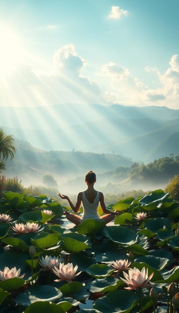 A peaceful lotus pond nestled in a serene garden, sun gently filtering through the lush foliage. In the center, a person sits cross-legged, palms upturned, eyes closed in deep meditative focus. Soft rays of light bathe the scene, creating an aura of tranquility. The background features rolling hills and distant mountains, conveying a sense of expansiveness and connection to the natural world. Wispy, ethereal clouds drift overhead, lending a dreamlike quality to the composition. The overall atmosphere evokes a profound state of mindfulness, inviting the viewer to pause and find their own inner calm. A peaceful lotus pond nestled in a serene garden, sun gently filtering through the lush foliage. In the center, a person sits cross-legged, palms upturned, eyes closed in deep meditative focus. Soft rays of light bathe the scene, creating an aura of tranquility. The background features rolling hills and distant mountains, conveying a sense of expansiveness and connection to the natural world. Wispy, ethereal clouds drift overhead, lending a dreamlike quality to the composition. The overall atmosphere evokes a profound state of mindfulness, inviting the viewer to pause and find their own inner calm.