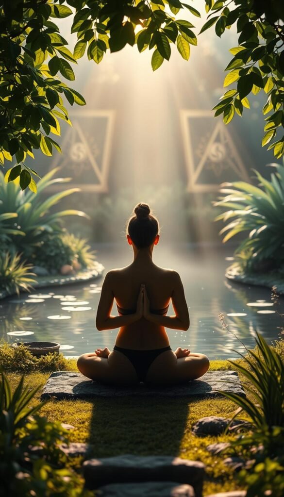 A peaceful meditation garden with a serene pond, surrounded by lush, vibrant greenery. Soft, warm sunlight filters through the leaves, casting a calming glow. In the foreground, a person sits cross-legged, eyes closed, hands resting gently on their lap, embodying a state of deep, mindful introspection. The background features a subtle, ethereal energy, with hints of spiritual symbols or geometric patterns subtly integrated into the landscape, evoking a sense of transcendence and inner harmony. The overall composition conveys a sense of balance, tranquility, and the profound benefits of a regular meditation practice. A peaceful meditation garden with a serene pond, surrounded by lush, vibrant greenery. Soft, warm sunlight filters through the leaves, casting a calming glow. In the foreground, a person sits cross-legged, eyes closed, hands resting gently on their lap, embodying a state of deep, mindful introspection. The background features a subtle, ethereal energy, with hints of spiritual symbols or geometric patterns subtly integrated into the landscape, evoking a sense of transcendence and inner harmony. The overall composition conveys a sense of balance, tranquility, and the profound benefits of a regular meditation practice.