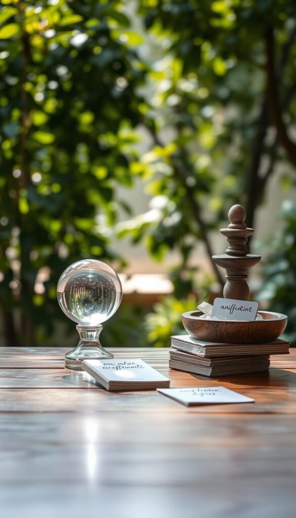 A peaceful meditation space in a sunlit garden, with a clean wood table holding a few mindfulness tools - a crystal ball, a small fountain, a stack of cards with affirmations. Soft natural light filters through lush greenery in the background, creating a sense of calm and focus. A minimalist, Zen-inspired aesthetic, with the tools arranged in a visually balanced and aesthetically pleasing manner, inviting the viewer to slow down and engage in a quick manifestation practice. A peaceful meditation space in a sunlit garden, with a clean wood table holding a few mindfulness tools - a crystal ball, a small fountain, a stack of cards with affirmations. Soft natural light filters through lush greenery in the background, creating a sense of calm and focus. A minimalist, Zen-inspired aesthetic, with the tools arranged in a visually balanced and aesthetically pleasing manner, inviting the viewer to slow down and engage in a quick manifestation practice.