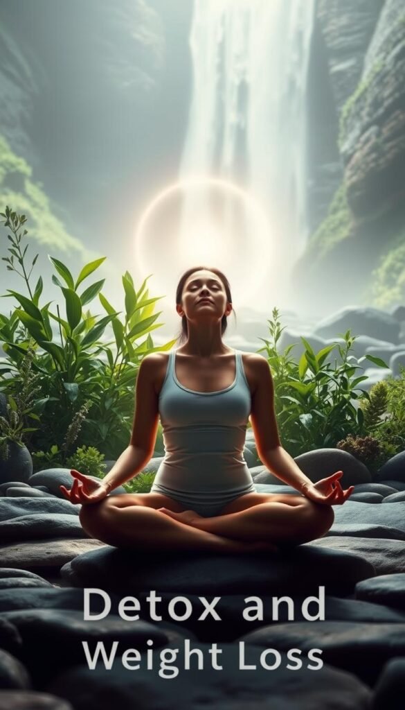 A peaceful, meditative scene depicting the connection between detox and weight loss. In the foreground, a person sits in a yoga pose, eyes closed, surrounded by a halo of soft light. In the middle ground, lush green plants and herbs symbolize the cleansing and restorative power of nature. The background features a serene, ethereal landscape with a waterfall cascading over smooth rocks. The overall atmosphere is one of tranquility, balance, and inner renewal, conveying the transformative journey of detoxification and its impact on physical well-being. A peaceful, meditative scene depicting the connection between detox and weight loss. In the foreground, a person sits in a yoga pose, eyes closed, surrounded by a halo of soft light. In the middle ground, lush green plants and herbs symbolize the cleansing and restorative power of nature. The background features a serene, ethereal landscape with a waterfall cascading over smooth rocks. The overall atmosphere is one of tranquility, balance, and inner renewal, conveying the transformative journey of detoxification and its impact on physical well-being.