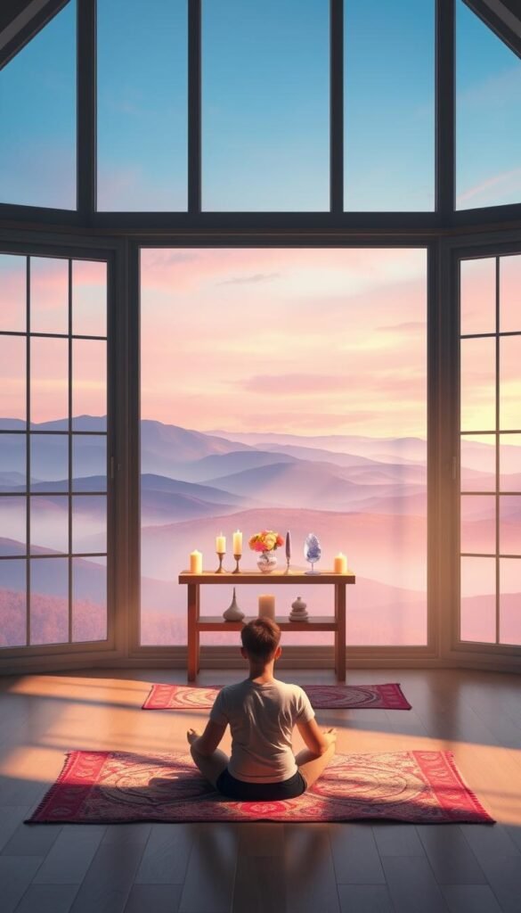 A peaceful morning sanctuary where a person engages in mindful practices. In the foreground, a person sits in a relaxed lotus position on a colorful meditation cushion, their eyes closed in deep contemplation. Soft natural light filters through large windows, casting a warm glow over the scene. In the middle ground, a simple wooden altar holds a few candles, crystals, and a small vase of fresh flowers. The background depicts a calming, abstract landscape with gentle rolling hills and a serene sky in hues of blue, purple, and pink. The overall atmosphere is one of tranquility, introspection, and spiritual connection. A peaceful morning sanctuary where a person engages in mindful practices. In the foreground, a person sits in a relaxed lotus position on a colorful meditation cushion, their eyes closed in deep contemplation. Soft natural light filters through large windows, casting a warm glow over the scene. In the middle ground, a simple wooden altar holds a few candles, crystals, and a small vase of fresh flowers. The background depicts a calming, abstract landscape with gentle rolling hills and a serene sky in hues of blue, purple, and pink. The overall atmosphere is one of tranquility, introspection, and spiritual connection.
