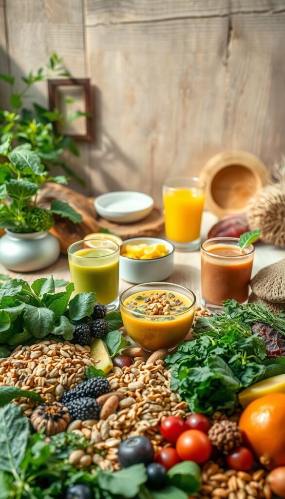 A peaceful, plant-based spread with a variety of nourishing alternatives to juice cleanses. In the foreground, a selection of whole foods like leafy greens, fruits, nuts, and seeds arranged artfully. The middle ground features vibrant smoothie bowls and herbal teas, conveying a sense of balance and mindfulness. In the background, a serene setting with natural textures like wood and stone, bathed in soft, diffused lighting that creates a calming, spiritual atmosphere. The overall composition evokes a holistic, restorative approach to wellness, encouraging a connection with the earth's abundant gifts. A peaceful, plant-based spread with a variety of nourishing alternatives to juice cleanses. In the foreground, a selection of whole foods like leafy greens, fruits, nuts, and seeds arranged artfully. The middle ground features vibrant smoothie bowls and herbal teas, conveying a sense of balance and mindfulness. In the background, a serene setting with natural textures like wood and stone, bathed in soft, diffused lighting that creates a calming, spiritual atmosphere. The overall composition evokes a holistic, restorative approach to wellness, encouraging a connection with the earth's abundant gifts.