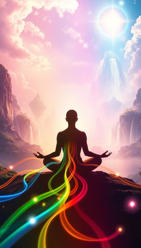 A person in a meditative lotus position, focused and determined, surrounded by a vibrant, ethereal landscape. Soft, warm lighting illuminates their silhouette, casting a glow that radiates outward. In the foreground, colorful energy flows like ribbons, symbolizing the manifestation of their thoughts and intentions. The background depicts a mystical realm with floating islands, cascading waterfalls, and a luminous sky that reflects the person's inner transformation. Subtle, spiritual elements such as glowing orbs and translucent, ethereal forms enhance the sense of a higher state of consciousness and connection to the divine. Captured with a wide-angle lens to emphasize the expansive, transcendent nature of the scene. A person in a meditative lotus position, focused and determined, surrounded by a vibrant, ethereal landscape. Soft, warm lighting illuminates their silhouette, casting a glow that radiates outward. In the foreground, colorful energy flows like ribbons, symbolizing the manifestation of their thoughts and intentions. The background depicts a mystical realm with floating islands, cascading waterfalls, and a luminous sky that reflects the person's inner transformation. Subtle, spiritual elements such as glowing orbs and translucent, ethereal forms enhance the sense of a higher state of consciousness and connection to the divine. Captured with a wide-angle lens to emphasize the expansive, transcendent nature of the scene.
