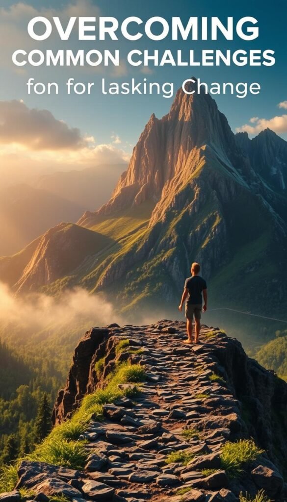 A person standing at the edge of a precipice, gazing upwards with a determined expression, facing a towering mountain range bathed in warm, golden light. In the foreground, a rugged, rocky path winds through a lush, verdant landscape, symbolizing the challenges of personal progress. The scene exudes a sense of tranquility and introspection, conveying the idea of overcoming obstacles and embracing the journey of self-improvement. The image has a dreamlike, spiritual quality, capturing the essence of the article's theme of "Overcoming Common Challenges" on the path to lasting change. A person standing at the edge of a precipice, gazing upwards with a determined expression, facing a towering mountain range bathed in warm, golden light. In the foreground, a rugged, rocky path winds through a lush, verdant landscape, symbolizing the challenges of personal progress. The scene exudes a sense of tranquility and introspection, conveying the idea of overcoming obstacles and embracing the journey of self-improvement. The image has a dreamlike, spiritual quality, capturing the essence of the article's theme of "Overcoming Common Challenges" on the path to lasting change.