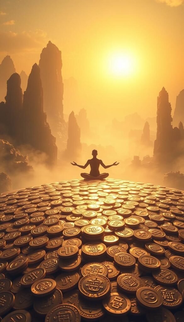 A radiant mandala of golden coins, shimmering in the warm glow of a hazy sunset. In the foreground, a cascade of manifesting currency spills forth, each piece etched with intricate spiritual symbols. The middle ground features a serene meditation pose, hands outstretched, channeling the abundant energy. In the distance, a mystical landscape unfolds, with towering crystal formations and swirling ethereal mists. Soft, diffused lighting bathes the scene in an otherworldly luminescence, evoking a sense of divine prosperity and limitless potential. A radiant mandala of golden coins, shimmering in the warm glow of a hazy sunset. In the foreground, a cascade of manifesting currency spills forth, each piece etched with intricate spiritual symbols. The middle ground features a serene meditation pose, hands outstretched, channeling the abundant energy. In the distance, a mystical landscape unfolds, with towering crystal formations and swirling ethereal mists. Soft, diffused lighting bathes the scene in an otherworldly luminescence, evoking a sense of divine prosperity and limitless potential.
