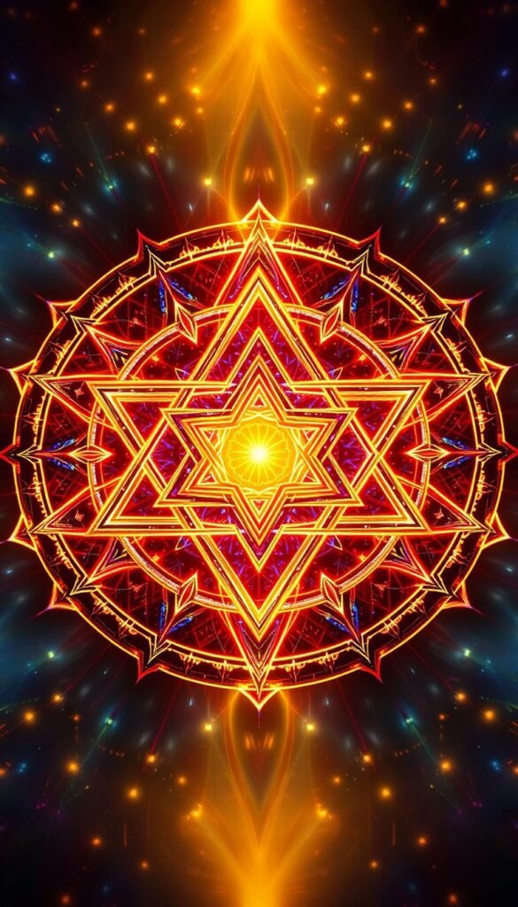 A radiant mandala of intertwined, iridescent Sri Yantra triangles, their lines flowing in perfect symmetry to create a captivating geometric pattern. The triangles radiate outward from a central point, evoking a sense of cosmic balance and spiritual wholeness. Shimmering hues of gold, azure, and crimson dance across the image, infusing it with a mesmerizing, otherworldly glow. Soft, diffused lighting bathes the scene, casting subtle shadows that accentuate the depth and dimensionality of the sacred geometry. The overall atmosphere is one of serene contemplation, inviting the viewer to meditate on the profound symbolic significance of the Sri Yantra. A radiant mandala of intertwined, iridescent Sri Yantra triangles, their lines flowing in perfect symmetry to create a captivating geometric pattern. The triangles radiate outward from a central point, evoking a sense of cosmic balance and spiritual wholeness. Shimmering hues of gold, azure, and crimson dance across the image, infusing it with a mesmerizing, otherworldly glow. Soft, diffused lighting bathes the scene, casting subtle shadows that accentuate the depth and dimensionality of the sacred geometry. The overall atmosphere is one of serene contemplation, inviting the viewer to meditate on the profound symbolic significance of the Sri Yantra.