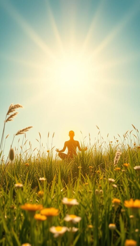 A radiant, sun-dappled meadow, awash in vibrant golden hues. Tall, swaying grass and wildflowers dance in the gentle breeze, casting soft, diffused shadows across the landscape. In the center, a glowing, ethereal figure sits in a meditative pose, their aura emanating a warm, serene luminescence that infuses the entire scene with a sense of clarity and inner peace. The sky above is a brilliant, cloudless azure, imbuing the atmosphere with a transcendent sense of happiness and spiritual enlightenment. Delicate, wispy rays of light filter through the foliage, creating a serene, spiritual ambiance that invites the viewer to bask in the tranquility and positive energy of this resplendent natural sanctuary. A radiant, sun-dappled meadow, awash in vibrant golden hues. Tall, swaying grass and wildflowers dance in the gentle breeze, casting soft, diffused shadows across the landscape. In the center, a glowing, ethereal figure sits in a meditative pose, their aura emanating a warm, serene luminescence that infuses the entire scene with a sense of clarity and inner peace. The sky above is a brilliant, cloudless azure, imbuing the atmosphere with a transcendent sense of happiness and spiritual enlightenment. Delicate, wispy rays of light filter through the foliage, creating a serene, spiritual ambiance that invites the viewer to bask in the tranquility and positive energy of this resplendent natural sanctuary.