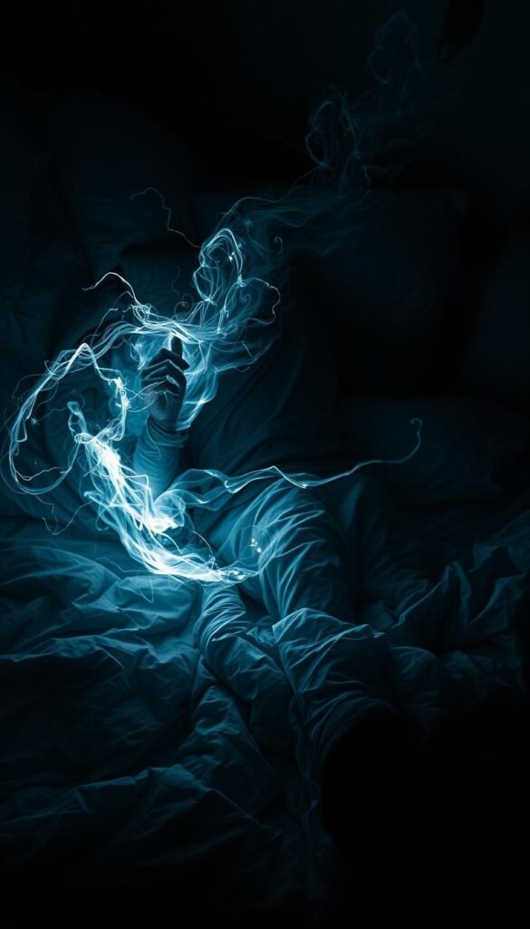 A restless figure tossing and turning on a bed, entangled in a web of dark shadows and scattered thoughts. Surreal swirls of energy pulsate around the disquieted form, casting an unsettling glow. Wispy tendrils of ethereal light struggle to pierce the oppressive darkness, hinting at the inner turmoil. The scene is infused with a sense of ominous mystery, evoking the uneasy experience of night terrors. Dramatic chiaroscuro lighting emphasizes the contrast between light and shadow, heightening the emotional intensity. A cinematic wide-angle perspective captures the full scope of the disruptive slumber, conveying the overwhelming nature of the subject. A restless figure tossing and turning on a bed, entangled in a web of dark shadows and scattered thoughts. Surreal swirls of energy pulsate around the disquieted form, casting an unsettling glow. Wispy tendrils of ethereal light struggle to pierce the oppressive darkness, hinting at the inner turmoil. The scene is infused with a sense of ominous mystery, evoking the uneasy experience of night terrors. Dramatic chiaroscuro lighting emphasizes the contrast between light and shadow, heightening the emotional intensity. A cinematic wide-angle perspective captures the full scope of the disruptive slumber, conveying the overwhelming nature of the subject.