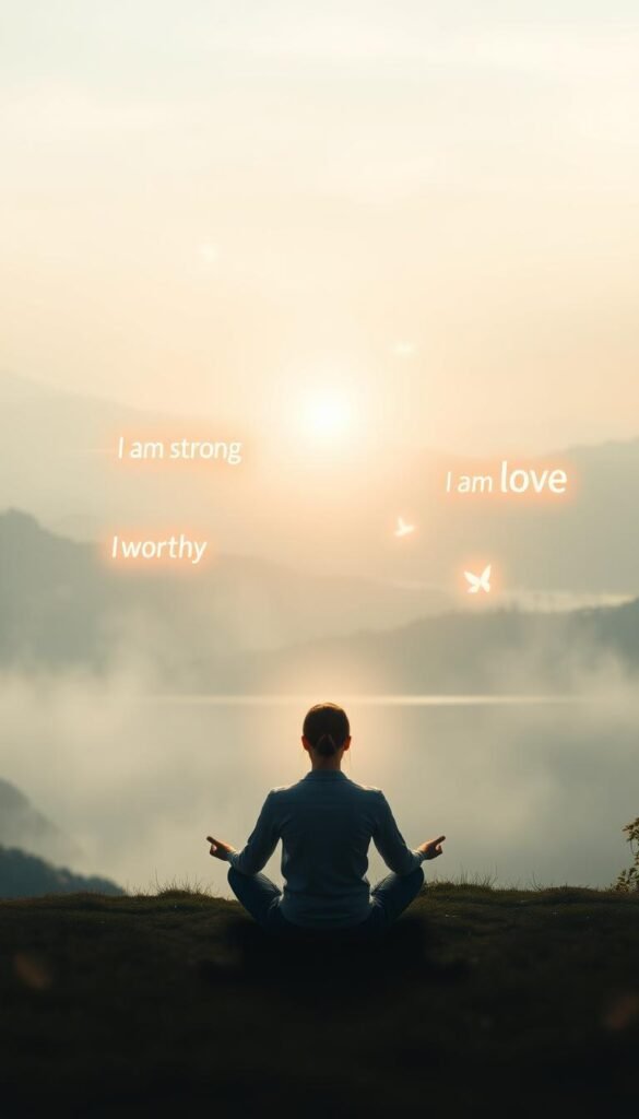 A serene and contemplative scene depicting the psychological benefits of affirmations. In the foreground, a person sitting in a lotus position, their eyes closed, deep in meditation. Surrounding them, an aura of warm, diffused light, symbolizing the inner peace and clarity that affirmations can bring. In the middle ground, a series of floating, luminous affirmation statements – "I am strong," "I am worthy," "I am love" – gently swirling and radiating positive energy. In the background, a hazy, ethereal landscape of rolling hills and a tranquil lake, evoking a sense of expansiveness and connection to something greater. The overall composition conveys a feeling of introspection, empowerment, and spiritual growth. A serene and contemplative scene depicting the psychological benefits of affirmations. In the foreground, a person sitting in a lotus position, their eyes closed, deep in meditation. Surrounding them, an aura of warm, diffused light, symbolizing the inner peace and clarity that affirmations can bring. In the middle ground, a series of floating, luminous affirmation statements – "I am strong," "I am worthy," "I am love" – gently swirling and radiating positive energy. In the background, a hazy, ethereal landscape of rolling hills and a tranquil lake, evoking a sense of expansiveness and connection to something greater. The overall composition conveys a feeling of introspection, empowerment, and spiritual growth.