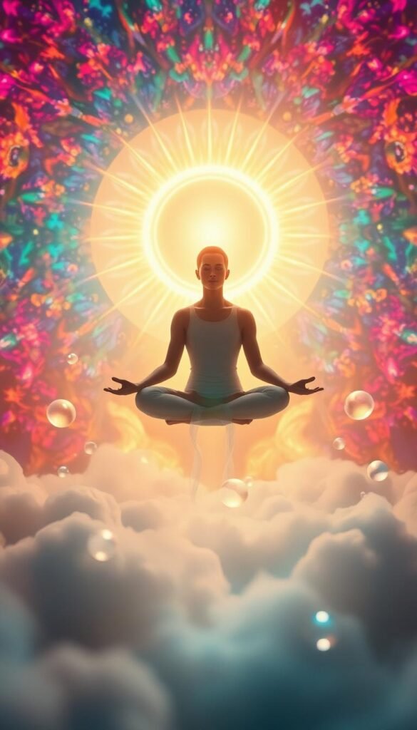 A serene and ethereal dreamscape, where the boundaries between waking and sleeping blur. In the foreground, a figure hovers in a lotus position, their aura radiating a soft, iridescent glow. Wisps of ethereal mist swirl around them, hinting at the infinite realm of the subconscious. In the middle ground, translucent, luminous orbs float and drift, representing the flow of thoughts and emotions. The background is a tapestry of vibrant, kaleidoscopic hues, evoking the vibrant and surreal nature of lucid dreaming. Warm, diffused lighting bathes the scene, creating a sense of tranquility and introspection. Capture the essence of the mind's eye, where the conscious and the unconscious intertwine. A serene and ethereal dreamscape, where the boundaries between waking and sleeping blur. In the foreground, a figure hovers in a lotus position, their aura radiating a soft, iridescent glow. Wisps of ethereal mist swirl around them, hinting at the infinite realm of the subconscious. In the middle ground, translucent, luminous orbs float and drift, representing the flow of thoughts and emotions. The background is a tapestry of vibrant, kaleidoscopic hues, evoking the vibrant and surreal nature of lucid dreaming. Warm, diffused lighting bathes the scene, creating a sense of tranquility and introspection. Capture the essence of the mind's eye, where the conscious and the unconscious intertwine.