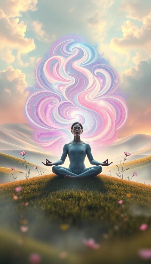 A serene and ethereal landscape, with a central figure sitting in a meditative pose, their aura radiating outward in swirling, vibrant hues. The background is a dreamlike fusion of soft, pastel skies and gently undulating hills, bathed in a warm, golden light. Delicate, otherworldly flora and fauna dance around the meditating figure, creating a sense of harmony and balance. The scene is captured through a soft, atmospheric lens, conveying a sense of tranquility and the alignment of thoughts and emotions. A spiritual, mystical energy permeates the entire composition, inviting the viewer to connect with the essence of the moment. A serene and ethereal landscape, with a central figure sitting in a meditative pose, their aura radiating outward in swirling, vibrant hues. The background is a dreamlike fusion of soft, pastel skies and gently undulating hills, bathed in a warm, golden light. Delicate, otherworldly flora and fauna dance around the meditating figure, creating a sense of harmony and balance. The scene is captured through a soft, atmospheric lens, conveying a sense of tranquility and the alignment of thoughts and emotions. A spiritual, mystical energy permeates the entire composition, inviting the viewer to connect with the essence of the moment.