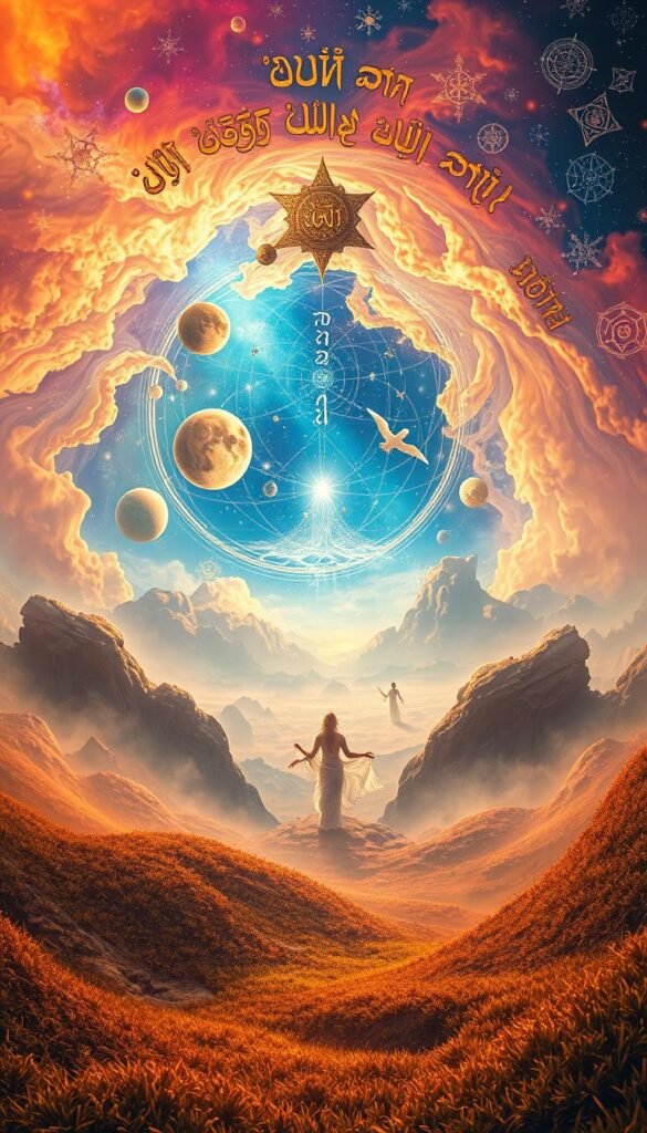A serene and ethereal scene of spiritual symbols and names swirling in a cosmic landscape. In the foreground, calligraphic scripts and sacred glyphs weave together, creating a tapestry of interconnected energies. In the middle ground, celestial bodies and ethereal figures emerge, their presence imbuing the scene with a sense of divine wisdom. The background is a vast, dreamlike expanse of vibrant hues and celestial motifs, evoking a sense of cosmic consciousness. Warm, diffused lighting bathes the entire composition, lending a warm, mystical glow. Captured with a wide-angle lens to convey a sense of grandeur and immersion. A serene and ethereal scene of spiritual symbols and names swirling in a cosmic landscape. In the foreground, calligraphic scripts and sacred glyphs weave together, creating a tapestry of interconnected energies. In the middle ground, celestial bodies and ethereal figures emerge, their presence imbuing the scene with a sense of divine wisdom. The background is a vast, dreamlike expanse of vibrant hues and celestial motifs, evoking a sense of cosmic consciousness. Warm, diffused lighting bathes the entire composition, lending a warm, mystical glow. Captured with a wide-angle lens to convey a sense of grandeur and immersion.