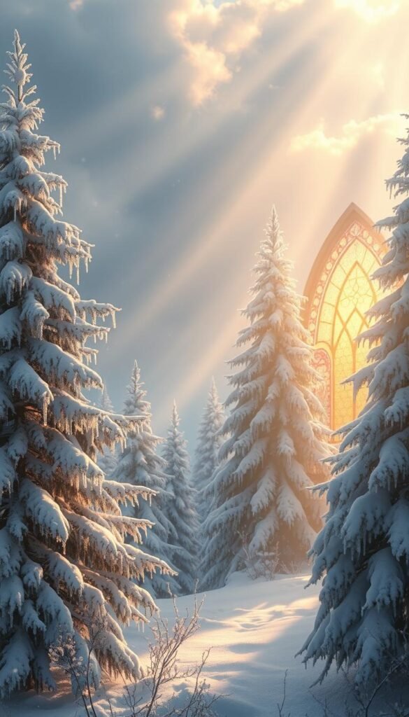 A serene and ethereal winter landscape, where snow-dusted evergreens stand tall, their branches laden with glittering icicles. In the foreground, a radiant stained-glass window casts a warm, celestial glow, illuminating the scene with a divine light. Soft, diffused rays of sunlight filter through the clouds, casting a gentle, magical hue across the tranquil setting. A sense of profound peace and quiet contemplation pervades the atmosphere, inviting the viewer to bask in the seasonal blessings of nature's tranquil embrace. A serene and ethereal winter landscape, where snow-dusted evergreens stand tall, their branches laden with glittering icicles. In the foreground, a radiant stained-glass window casts a warm, celestial glow, illuminating the scene with a divine light. Soft, diffused rays of sunlight filter through the clouds, casting a gentle, magical hue across the tranquil setting. A sense of profound peace and quiet contemplation pervades the atmosphere, inviting the viewer to bask in the seasonal blessings of nature's tranquil embrace.