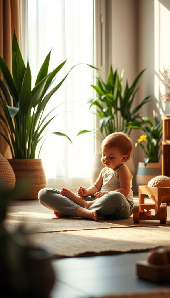 A serene and grounding scene of self-care in the context of mindful parenting. In the foreground, a mother sits cross-legged, eyes closed, surrounded by soft natural light filtering through a window. In the middle ground, a toddler plays peacefully with wooden toys, reflecting the tranquil atmosphere. The background features lush, verdant plants and minimal, calming decor, creating a spiritual, meditative ambiance. The lighting is warm and diffused, with gentle shadows accentuating the contemplative mood. The overall composition conveys a sense of balance, inner peace, and the rejuvenating power of self-care for the mindful parent. A serene and grounding scene of self-care in the context of mindful parenting. In the foreground, a mother sits cross-legged, eyes closed, surrounded by soft natural light filtering through a window. In the middle ground, a toddler plays peacefully with wooden toys, reflecting the tranquil atmosphere. The background features lush, verdant plants and minimal, calming decor, creating a spiritual, meditative ambiance. The lighting is warm and diffused, with gentle shadows accentuating the contemplative mood. The overall composition conveys a sense of balance, inner peace, and the rejuvenating power of self-care for the mindful parent.