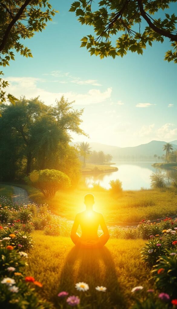 A serene and introspective landscape, bathed in a warm, golden light. In the foreground, a figure sits in a meditative pose, their aura radiating a sense of inner peace and spiritual connection. Around them, the natural world unfolds - a lush, verdant garden filled with vibrant flowers and swaying trees. In the distance, a tranquil lake reflects the sky, its surface like a mirror to the soul. Soft, diffused lighting illuminates the scene, creating an atmosphere of contemplation and growth. The overall composition conveys a harmonious blend of the physical and the ethereal, a visual representation of the journey towards energy alignment and spiritual fulfillment. A serene and introspective landscape, bathed in a warm, golden light. In the foreground, a figure sits in a meditative pose, their aura radiating a sense of inner peace and spiritual connection. Around them, the natural world unfolds - a lush, verdant garden filled with vibrant flowers and swaying trees. In the distance, a tranquil lake reflects the sky, its surface like a mirror to the soul. Soft, diffused lighting illuminates the scene, creating an atmosphere of contemplation and growth. The overall composition conveys a harmonious blend of the physical and the ethereal, a visual representation of the journey towards energy alignment and spiritual fulfillment.