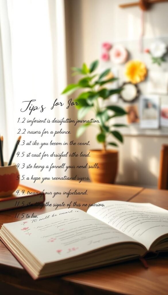 A serene and inviting study space, with a wooden desk, a potted plant, and an open journal. Soft natural lighting filters through sheer curtains, creating a warm and contemplative atmosphere. In the foreground, a calligraphed list of "Tips for Consistent Manifestation Journaling" in a beautiful script, each point thoughtfully illustrated with delicate floral elements. The background features a blurred vision board, hinting at the transformative power of the journaling practice. The overall composition conveys a sense of mindfulness, creativity, and a connection to the spiritual realm. A serene and inviting study space, with a wooden desk, a potted plant, and an open journal. Soft natural lighting filters through sheer curtains, creating a warm and contemplative atmosphere. In the foreground, a calligraphed list of "Tips for Consistent Manifestation Journaling" in a beautiful script, each point thoughtfully illustrated with delicate floral elements. The background features a blurred vision board, hinting at the transformative power of the journaling practice. The overall composition conveys a sense of mindfulness, creativity, and a connection to the spiritual realm.