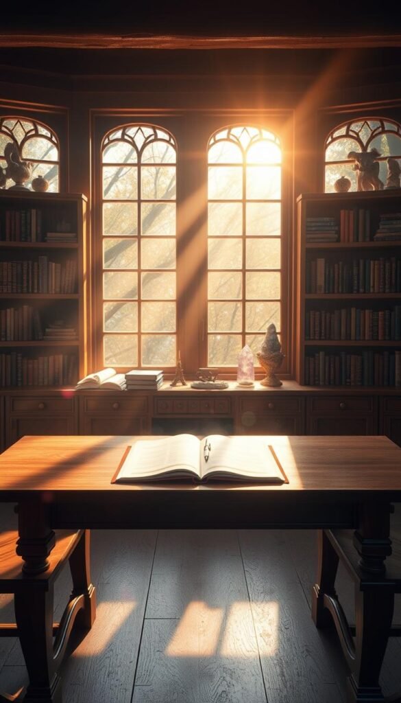 A serene and luminous workspace, with a wooden desk at the center. On the desk, an open notebook and a pen, signifying the act of scripting. Gentle rays of light stream in through large windows, casting a warm glow over the scene. In the background, shelves filled with mystical books and crystals, hinting at the spiritual nature of the manifestation process. Soft, pastel-hued energy fields emanate from the desk, evoking a sense of focus and intention. The overall atmosphere is one of tranquility, creativity, and the unfolding of a transformative journey. A serene and luminous workspace, with a wooden desk at the center. On the desk, an open notebook and a pen, signifying the act of scripting. Gentle rays of light stream in through large windows, casting a warm glow over the scene. In the background, shelves filled with mystical books and crystals, hinting at the spiritual nature of the manifestation process. Soft, pastel-hued energy fields emanate from the desk, evoking a sense of focus and intention. The overall atmosphere is one of tranquility, creativity, and the unfolding of a transformative journey.