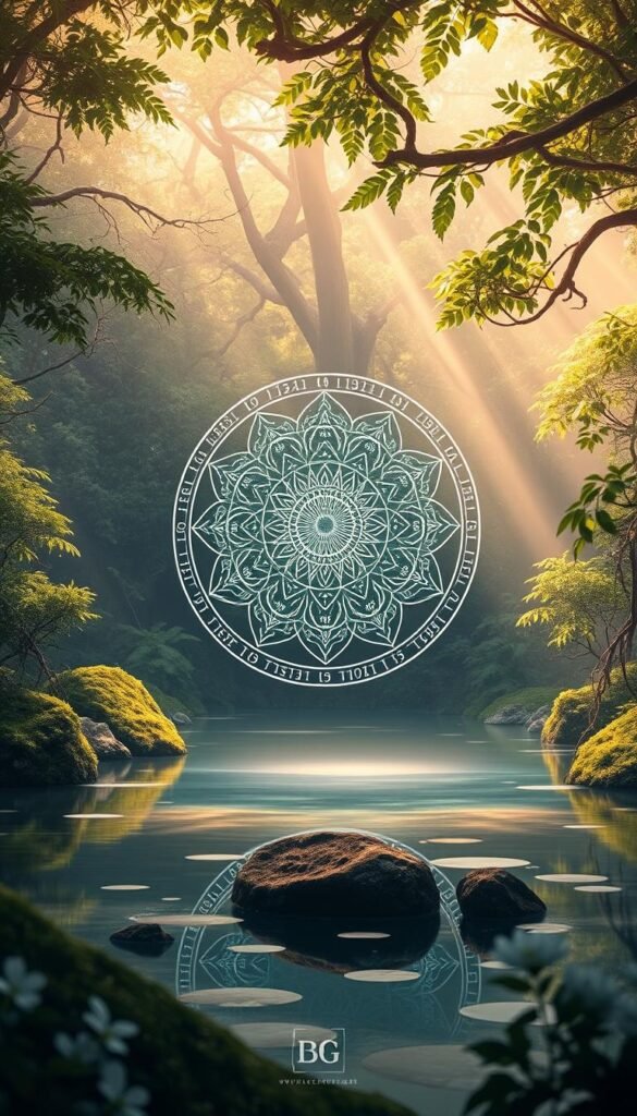 A serene and mystical landscape where numerology guides business decisions. A central mandala-like symbol, adorned with arcane numerological patterns, floats above a tranquil pond. Surrounded by lush foliage, the mandala casts a soft, ethereal glow, illuminating the path towards enlightened commerce. Warm, diffused lighting filters through the verdant canopy, creating a contemplative atmosphere. Flowing lines and geometric shapes intertwine, symbolizing the harmony between numerology and the material world. This visually captivating scene invites the viewer to explore the profound intersection of business and the divine. A serene and mystical landscape where numerology guides business decisions. A central mandala-like symbol, adorned with arcane numerological patterns, floats above a tranquil pond. Surrounded by lush foliage, the mandala casts a soft, ethereal glow, illuminating the path towards enlightened commerce. Warm, diffused lighting filters through the verdant canopy, creating a contemplative atmosphere. Flowing lines and geometric shapes intertwine, symbolizing the harmony between numerology and the material world. This visually captivating scene invites the viewer to explore the profound intersection of business and the divine.