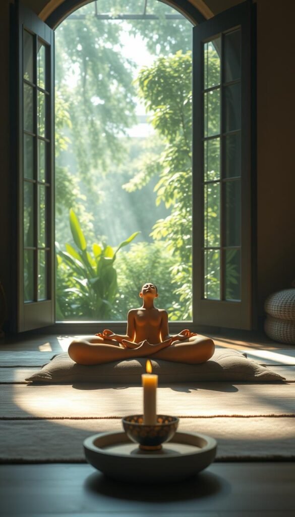 A serene and tranquil scene, bathed in soft natural light. In the foreground, a person sits cross-legged on a plush meditation cushion, eyes closed and hands resting gently on their lap, embodying a state of deep focus and inner calm. Behind them, a picturesque window frames a lush, verdant garden, with sunlight filtering through the leaves, creating a dreamlike atmosphere. In the middle ground, a minimalist altar adorned with a single candle and a small bowl of fragrant incense, signifying the importance of ritual and intention in the mindfulness practice. The background is a cozy, warm-toned room, with subtle textures and muted hues that contribute to the overall sense of peace and serenity. The entire scene emanates a spiritual, contemplative vibe, inviting the viewer to pause and engage in their own moment of mindful reflection. A serene and tranquil scene, bathed in soft natural light. In the foreground, a person sits cross-legged on a plush meditation cushion, eyes closed and hands resting gently on their lap, embodying a state of deep focus and inner calm. Behind them, a picturesque window frames a lush, verdant garden, with sunlight filtering through the leaves, creating a dreamlike atmosphere. In the middle ground, a minimalist altar adorned with a single candle and a small bowl of fragrant incense, signifying the importance of ritual and intention in the mindfulness practice. The background is a cozy, warm-toned room, with subtle textures and muted hues that contribute to the overall sense of peace and serenity. The entire scene emanates a spiritual, contemplative vibe, inviting the viewer to pause and engage in their own moment of mindful reflection.