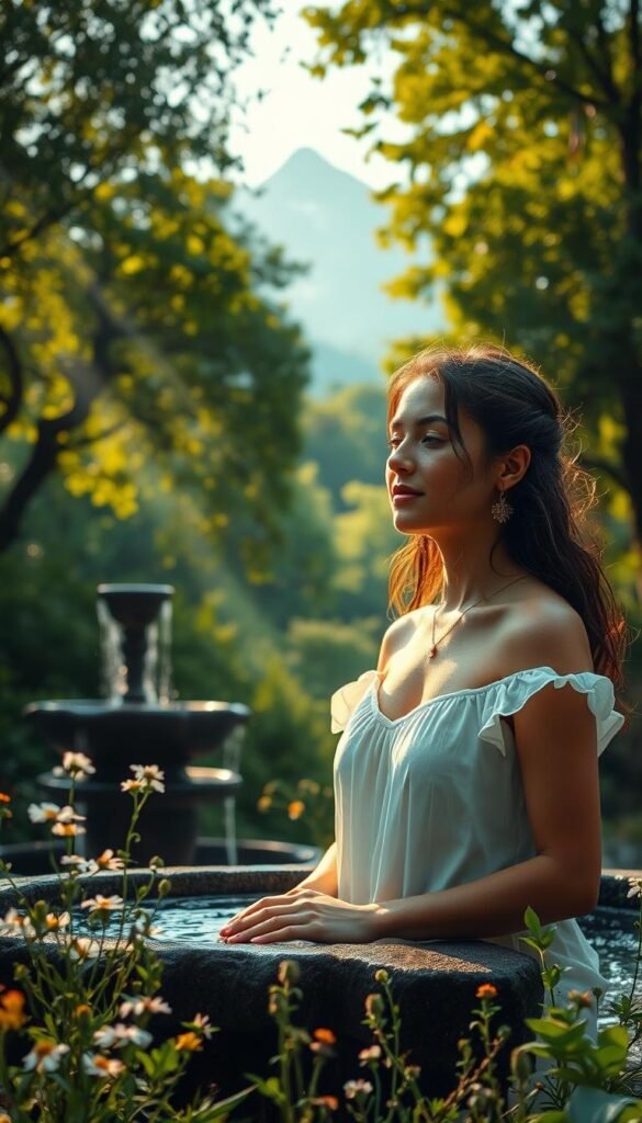 A serene and tranquil scene of natural cleansing. A young woman stands in a lush, verdant garden, surrounded by soothing flowing water cascading from a stone fountain. Warm, diffused sunlight filters through the canopy of trees, casting a soft, ethereal glow. The woman's expression is one of deep contemplation and inner peace, as she undergoes a spiritual rejuvenation. Delicate wildflowers and fragrant herbs adorn the foreground, while in the distance, a majestic mountain range rises, symbolizing the journey of self-discovery and renewal. The overall atmosphere is one of calm, restorative energy, inviting the viewer to pause and embrace the power of natural detoxification. A serene and tranquil scene of natural cleansing. A young woman stands in a lush, verdant garden, surrounded by soothing flowing water cascading from a stone fountain. Warm, diffused sunlight filters through the canopy of trees, casting a soft, ethereal glow. The woman's expression is one of deep contemplation and inner peace, as she undergoes a spiritual rejuvenation. Delicate wildflowers and fragrant herbs adorn the foreground, while in the distance, a majestic mountain range rises, symbolizing the journey of self-discovery and renewal. The overall atmosphere is one of calm, restorative energy, inviting the viewer to pause and embrace the power of natural detoxification.
