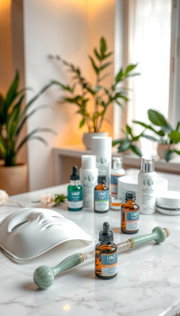 A serene and tranquil spa setting with an array of professional skin care treatments laid out on a polished marble countertop. In the foreground, a luxurious facial mask, a selection of natural essential oils, and a jade facial roller. In the middle ground, an assortment of high-end skincare products, including serum, moisturizer, and exfoliating scrub. The background depicts a softly lit room with soothing green plants, warm-toned lighting, and a calming atmosphere. The image conveys a sense of rejuvenation and a commitment to holistic skin wellness. A serene and tranquil spa setting with an array of professional skin care treatments laid out on a polished marble countertop. In the foreground, a luxurious facial mask, a selection of natural essential oils, and a jade facial roller. In the middle ground, an assortment of high-end skincare products, including serum, moisturizer, and exfoliating scrub. The background depicts a softly lit room with soothing green plants, warm-toned lighting, and a calming atmosphere. The image conveys a sense of rejuvenation and a commitment to holistic skin wellness.