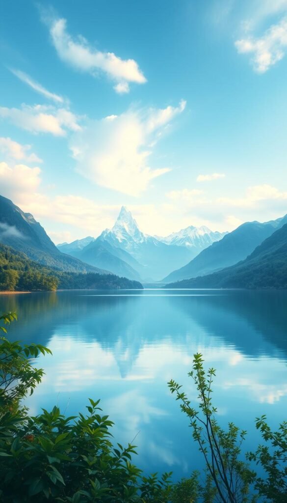 A serene, azure landscape under a tranquil, ethereal sky. In the foreground, a placid lake reflects the soft hues of the heavens, its surface mirroring the gentle clouds above. Surrounding the lake, lush, verdant foliage sways in a gentle breeze, conveying a sense of spiritual connection to the natural world. In the distance, majestic mountains rise, their peaks capped with pristine, snow-white crowns. The entire scene is bathed in a warm, ethereal light, creating an atmosphere of deep contemplation and inner peace. The composition is balanced, with a sense of harmony and balance that evokes the transcendent qualities of the color blue. A serene, azure landscape under a tranquil, ethereal sky. In the foreground, a placid lake reflects the soft hues of the heavens, its surface mirroring the gentle clouds above. Surrounding the lake, lush, verdant foliage sways in a gentle breeze, conveying a sense of spiritual connection to the natural world. In the distance, majestic mountains rise, their peaks capped with pristine, snow-white crowns. The entire scene is bathed in a warm, ethereal light, creating an atmosphere of deep contemplation and inner peace. The composition is balanced, with a sense of harmony and balance that evokes the transcendent qualities of the color blue.