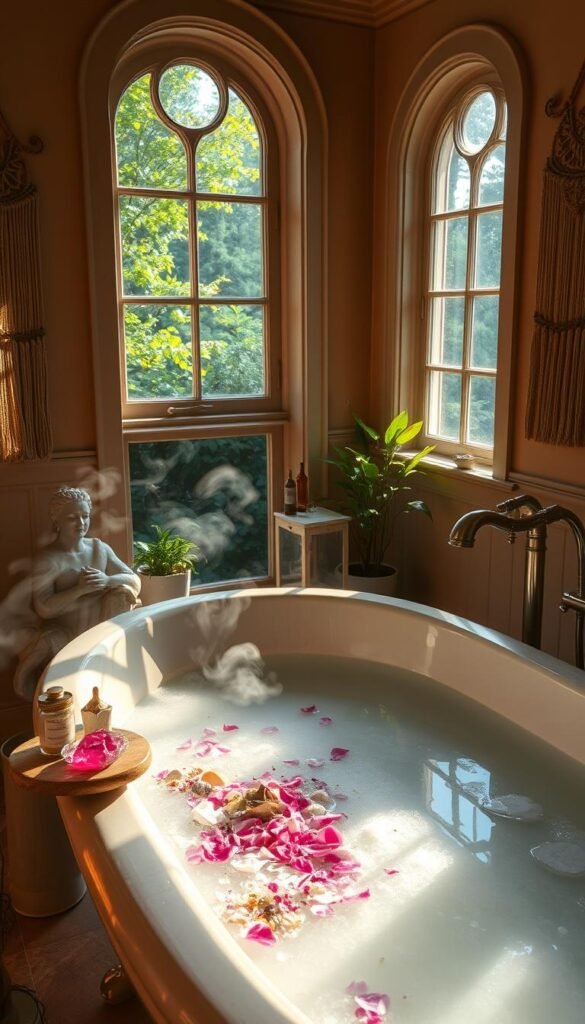 A serene bathroom bathed in warm, soothing light. In the foreground, a deep, claw-foot tub filled with fragrant, steaming water. Nearby, an array of natural bath salts, crystals, and flower petals await to be added, ready to transform the water into a healing elixir. The walls are adorned with ethereal, spiritual wall hangings, casting a calming, contemplative ambiance. In the background, a window overlooks a lush, verdant garden, inviting the tranquility of nature inside. Soft, ambient lighting and a meditative atmosphere set the stage for a deeply restorative and rejuvenating soak. A serene bathroom bathed in warm, soothing light. In the foreground, a deep, claw-foot tub filled with fragrant, steaming water. Nearby, an array of natural bath salts, crystals, and flower petals await to be added, ready to transform the water into a healing elixir. The walls are adorned with ethereal, spiritual wall hangings, casting a calming, contemplative ambiance. In the background, a window overlooks a lush, verdant garden, inviting the tranquility of nature inside. Soft, ambient lighting and a meditative atmosphere set the stage for a deeply restorative and rejuvenating soak.