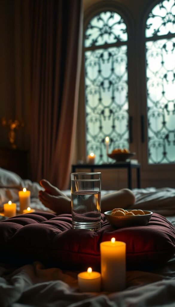 A serene bedroom setting, dimly lit with warm, golden tones. In the foreground, a person sits cross-legged on a plush, burgundy cushion, their eyes closed in meditation. Soft, flickering candles cast a gentle glow, creating an atmosphere of introspection and calm. In the middle ground, a simple but elegant table holds a glass of water and a bowl of fresh fruit, symbolizing the holistic approach to wellness through intermittent fasting. The background features a large, ornate window, allowing natural light to filter in, evoking a sense of tranquility and connection to the natural world. The overall scene conveys a sense of focused intention, mindfulness, and the beginning of a transformative journey towards detoxification and well-being.