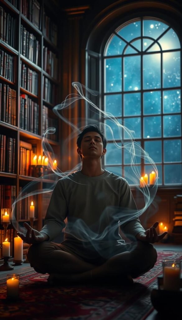 A serene, candlelit study with shelves of ancient tomes lining the walls, casting a warm, atmospheric glow. In the foreground, a thoughtful figure sits cross-legged, eyes closed, deep in meditation, their aura emanating a soft, ethereal light. Surrounding them, wispy tendrils of energy swirl and converge, visualizing the unseen forces of the subconscious mind. In the background, a starry night sky shimmers through a large window, hinting at the mysteries of the cosmos and the interconnected nature of consciousness. Dramatic chiaroscuro lighting, cinematic angles, and a mystical, spiritual tone bring this psychological exploration of precognitive dreams to life. A serene, candlelit study with shelves of ancient tomes lining the walls, casting a warm, atmospheric glow. In the foreground, a thoughtful figure sits cross-legged, eyes closed, deep in meditation, their aura emanating a soft, ethereal light. Surrounding them, wispy tendrils of energy swirl and converge, visualizing the unseen forces of the subconscious mind. In the background, a starry night sky shimmers through a large window, hinting at the mysteries of the cosmos and the interconnected nature of consciousness. Dramatic chiaroscuro lighting, cinematic angles, and a mystical, spiritual tone bring this psychological exploration of precognitive dreams to life.