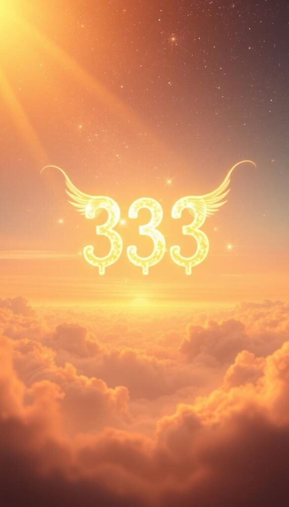 A serene celestial landscape, bathed in a warm, golden glow. In the foreground, a trio of radiant, luminous angel numbers "333" hover effortlessly, their ethereal forms emanating a sense of divine protection and guidance. Wisps of ethereal, cloud-like energy swirl around the numbers, imbuing the scene with a profound, otherworldly atmosphere. In the middle ground, a vast, starry sky stretches out, dotted with glittering stars and celestial bodies. The background is a vibrant, kaleidoscopic array of pastel hues, creating a sense of transcendent, spiritual beauty. Soft, diffused lighting bathes the entire composition, lending a tranquil, meditative quality to the image. A serene celestial landscape, bathed in a warm, golden glow. In the foreground, a trio of radiant, luminous angel numbers "333" hover effortlessly, their ethereal forms emanating a sense of divine protection and guidance. Wisps of ethereal, cloud-like energy swirl around the numbers, imbuing the scene with a profound, otherworldly atmosphere. In the middle ground, a vast, starry sky stretches out, dotted with glittering stars and celestial bodies. The background is a vibrant, kaleidoscopic array of pastel hues, creating a sense of transcendent, spiritual beauty. Soft, diffused lighting bathes the entire composition, lending a tranquil, meditative quality to the image.