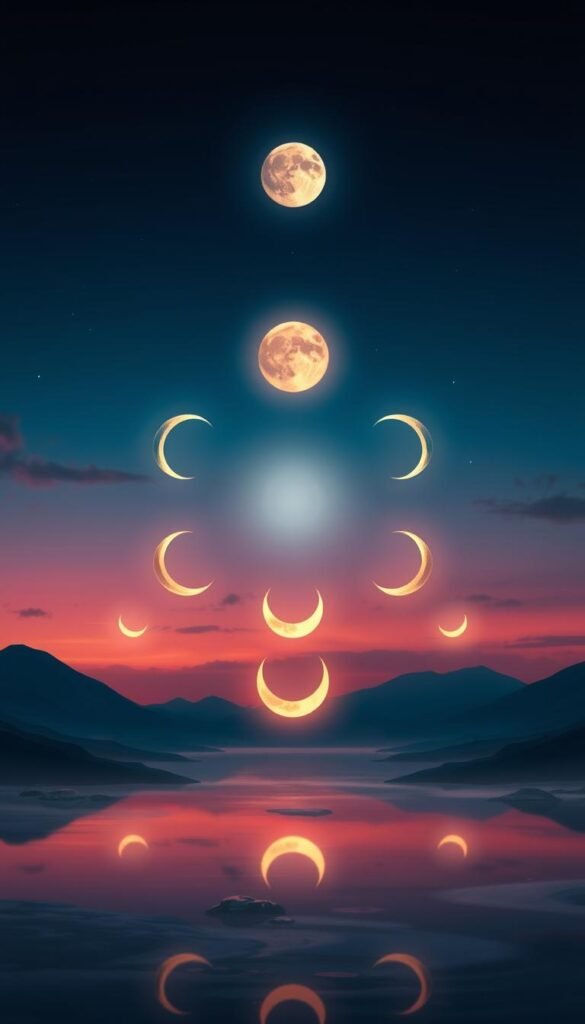 A serene celestial landscape, the eight phases of the moon gracefully depicted in a sacred geometric arrangement. In the foreground, the waxing and waning crescents glow with a warm, ethereal luminescence, casting a soft, spiritual light upon the scene. The middle ground features the quarter moons, their forms precisely poised like powerful talismans. In the background, the full and new moons float majestically, their luminous spheres radiating a sense of cosmic wonder and mystical energy. Bathed in a vibrant, jewel-toned palette, the image evokes a profound sense of the moon's cyclic rhythms and their transformative influence on personal growth and manifestation. A serene celestial landscape, the eight phases of the moon gracefully depicted in a sacred geometric arrangement. In the foreground, the waxing and waning crescents glow with a warm, ethereal luminescence, casting a soft, spiritual light upon the scene. The middle ground features the quarter moons, their forms precisely poised like powerful talismans. In the background, the full and new moons float majestically, their luminous spheres radiating a sense of cosmic wonder and mystical energy. Bathed in a vibrant, jewel-toned palette, the image evokes a profound sense of the moon's cyclic rhythms and their transformative influence on personal growth and manifestation.