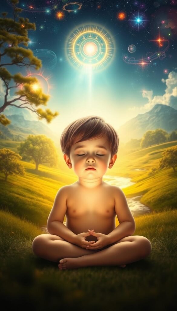 A serene child seated in a peaceful, natural setting, their eyes closed in deep concentration as they engage in mindful breathing. The foreground features the child's face, with a gentle, focused expression, surrounded by a soft, ethereal light. The middle ground showcases a lush, verdant landscape with swaying trees and a calming, flowing stream. The background depicts a vibrant, spiritual landscape with glowing, colorful energy fields and celestial elements, creating a sense of inner harmony and connection to the natural world. The entire scene is bathed in a warm, golden hue, evoking a calming, contemplative atmosphere. A serene child seated in a peaceful, natural setting, their eyes closed in deep concentration as they engage in mindful breathing. The foreground features the child's face, with a gentle, focused expression, surrounded by a soft, ethereal light. The middle ground showcases a lush, verdant landscape with swaying trees and a calming, flowing stream. The background depicts a vibrant, spiritual landscape with glowing, colorful energy fields and celestial elements, creating a sense of inner harmony and connection to the natural world. The entire scene is bathed in a warm, golden hue, evoking a calming, contemplative atmosphere.