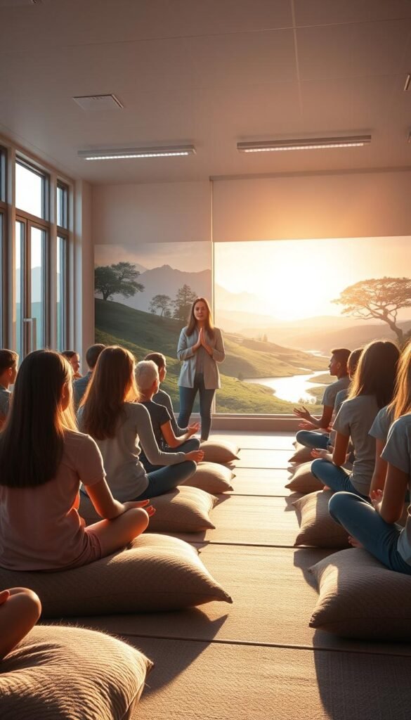A serene classroom setting, the afternoon sun filters through large windows, casting a warm glow. In the foreground, students sit on plush cushions, eyes closed, hands in a meditative pose. Soft ambient music plays, lulling them into a state of tranquility. In the middle ground, a teacher guides them through a mindfulness exercise, their calming voice and soothing gestures helping students connect with their breath and the present moment. The background features inspirational nature imagery - rolling hills, swaying trees, and a distant river. The overall atmosphere is one of introspection, relaxation, and a sense of rejuvenation. A serene classroom setting, the afternoon sun filters through large windows, casting a warm glow. In the foreground, students sit on plush cushions, eyes closed, hands in a meditative pose. Soft ambient music plays, lulling them into a state of tranquility. In the middle ground, a teacher guides them through a mindfulness exercise, their calming voice and soothing gestures helping students connect with their breath and the present moment. The background features inspirational nature imagery - rolling hills, swaying trees, and a distant river. The overall atmosphere is one of introspection, relaxation, and a sense of rejuvenation.