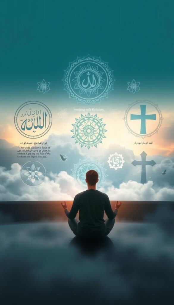 A serene, contemplative scene depicting dream interpretations from major world religions. In the foreground, a figure sits cross-legged, deep in meditation, surrounded by symbols and iconography representing diverse faith traditions - a Quranic verse, a Buddhist mandala, a Hindu yantra, a Christian cross. The middle ground features a dreamscape with ethereal, shifting images, hinting at the subconscious realm. The background is a subtly lit, atmospheric setting, with soft light filtering through clouds or stained glass, evoking a sense of the divine. The overall composition is harmonious, using a spiritual, mystical color palette to convey the universal understanding of dreams across cultures. A serene, contemplative scene depicting dream interpretations from major world religions. In the foreground, a figure sits cross-legged, deep in meditation, surrounded by symbols and iconography representing diverse faith traditions - a Quranic verse, a Buddhist mandala, a Hindu yantra, a Christian cross. The middle ground features a dreamscape with ethereal, shifting images, hinting at the subconscious realm. The background is a subtly lit, atmospheric setting, with soft light filtering through clouds or stained glass, evoking a sense of the divine. The overall composition is harmonious, using a spiritual, mystical color palette to convey the universal understanding of dreams across cultures.