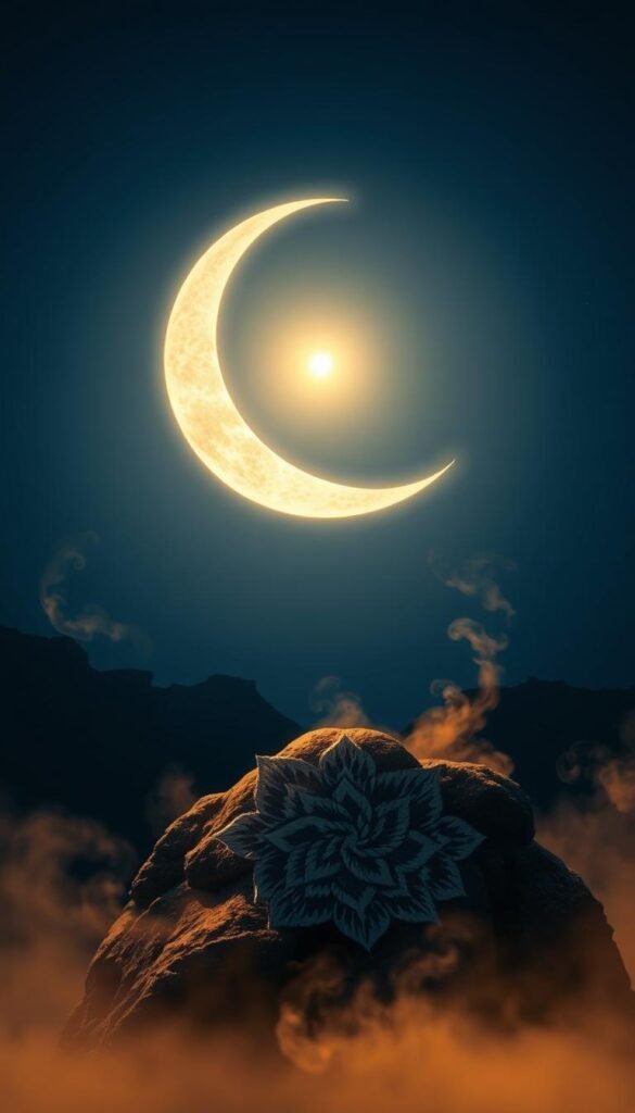 A serene crescent moon shines brilliantly against a deep indigo sky, casting a soft, ethereal glow upon a mystical landscape. In the foreground, a rocky outcrop is adorned with intricate floral and geometric patterns, symbolizing the duality of earthly and celestial realms. Wisps of mist swirl around the scene, imbuing it with a sense of tranquility and spiritual resonance. The composition is balanced and harmonious, inviting the viewer to meditate on the moon's profound influence on the natural world and the human psyche. Warm, diffused lighting creates a contemplative, otherworldly atmosphere, capturing the profound symbolism of the crescent moon. A serene crescent moon shines brilliantly against a deep indigo sky, casting a soft, ethereal glow upon a mystical landscape. In the foreground, a rocky outcrop is adorned with intricate floral and geometric patterns, symbolizing the duality of earthly and celestial realms. Wisps of mist swirl around the scene, imbuing it with a sense of tranquility and spiritual resonance. The composition is balanced and harmonious, inviting the viewer to meditate on the moon's profound influence on the natural world and the human psyche. Warm, diffused lighting creates a contemplative, otherworldly atmosphere, capturing the profound symbolism of the crescent moon.