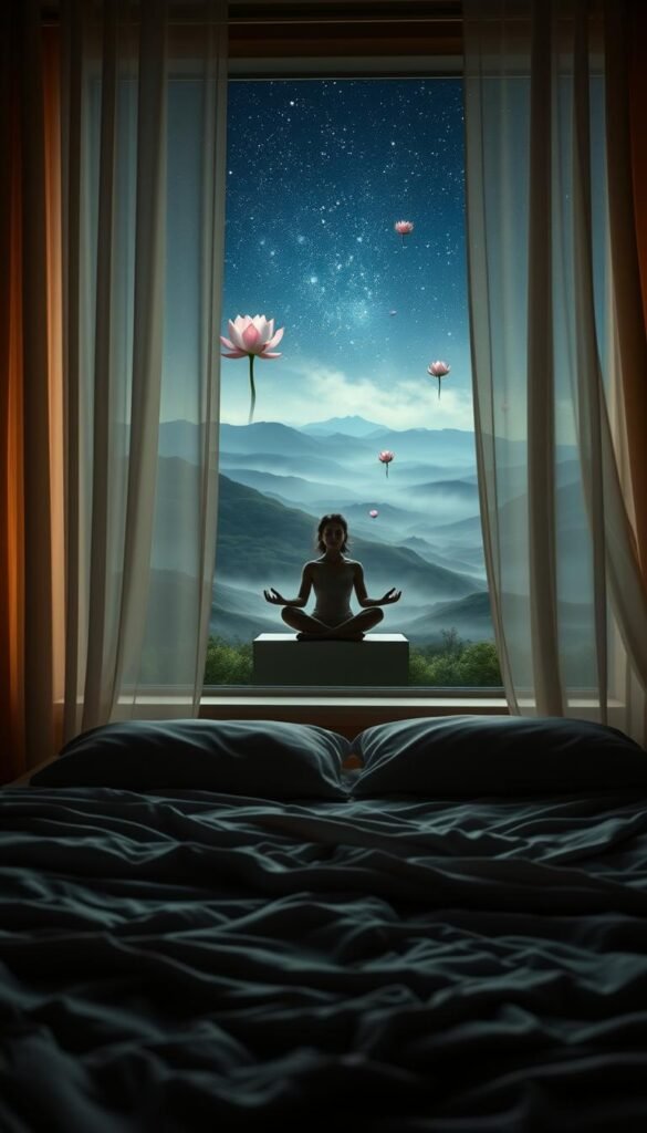 A serene, dimly lit bedroom with a plush, inviting bed in the foreground. Soft, warm lighting filters through sheer curtains, casting a calming glow. In the middle ground, a figure sits in a comfortable meditation pose, eyes closed, surrounded by floating lotus blossoms and swirling mist. In the background, a peaceful landscape of rolling hills and a starry night sky, evoking a sense of tranquility and inner peace. The overall atmosphere is one of relaxation, introspection, and the gentle overcoming of sleep anxiety through the practice of mindfulness. A serene, dimly lit bedroom with a plush, inviting bed in the foreground. Soft, warm lighting filters through sheer curtains, casting a calming glow. In the middle ground, a figure sits in a comfortable meditation pose, eyes closed, surrounded by floating lotus blossoms and swirling mist. In the background, a peaceful landscape of rolling hills and a starry night sky, evoking a sense of tranquility and inner peace. The overall atmosphere is one of relaxation, introspection, and the gentle overcoming of sleep anxiety through the practice of mindfulness.