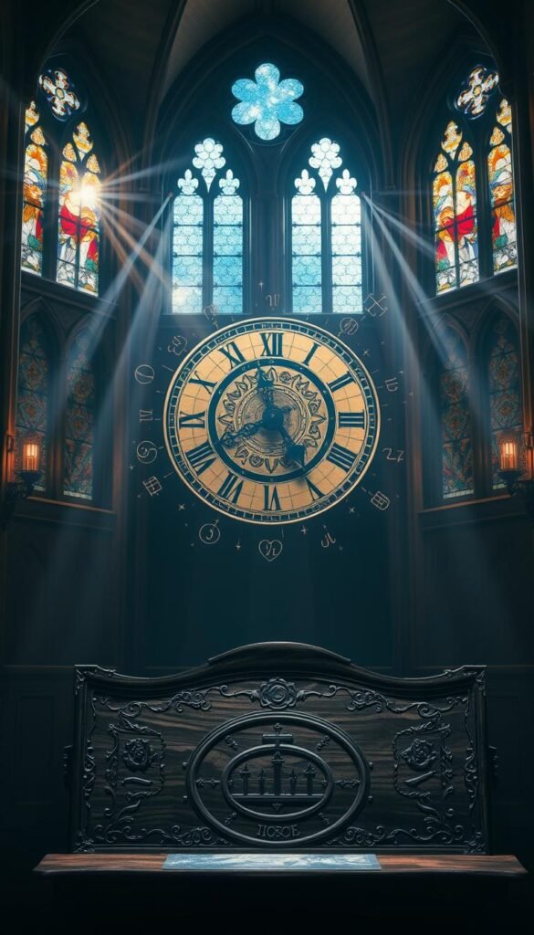 A serene, dimly lit cathedral interior, stained glass windows casting a warm glow. In the foreground, an ornately carved wooden altar with intricate biblical symbols etched into the surface. Rays of celestial light stream through the windows, illuminating the scene in a mystical, ethereal manner. In the middle ground, a large, ancient clock face dominates the space, its hands moving in a timeless dance. Floating around the clock, various biblical motifs and numerological patterns swirl and coalesce, hinting at the divine nature of time and dates. In the background, a starry night sky is visible through the windows, a cosmic backdrop to this sacred, spiritually-charged tableau. A serene, dimly lit cathedral interior, stained glass windows casting a warm glow. In the foreground, an ornately carved wooden altar with intricate biblical symbols etched into the surface. Rays of celestial light stream through the windows, illuminating the scene in a mystical, ethereal manner. In the middle ground, a large, ancient clock face dominates the space, its hands moving in a timeless dance. Floating around the clock, various biblical motifs and numerological patterns swirl and coalesce, hinting at the divine nature of time and dates. In the background, a starry night sky is visible through the windows, a cosmic backdrop to this sacred, spiritually-charged tableau.