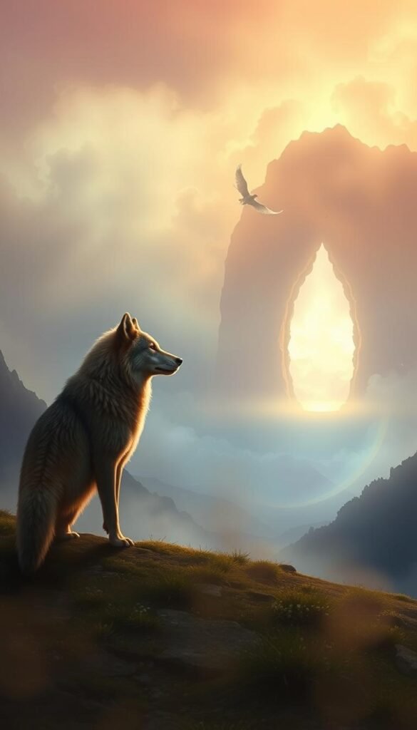 A serene, dreamlike landscape reflecting the subconscious of the sleeping mind. In the foreground, a majestic animal - perhaps a wolf, bear, or deer - stands in a contemplative pose, its eyes closed as it meditates on the mysteries of its inner world. The middle ground is a hazy, ethereal realm, with swirling mists and soft, diffuse lighting, creating a sense of tranquility and introspection. In the background, a glowing, mystical portal shimmers, hinting at the hidden depths and wisdom of the animal's dreams. The entire scene is bathed in a warm, spiritual palette, with rich, jewel-toned colors and a sense of timeless, transcendent beauty. A serene, dreamlike landscape reflecting the subconscious of the sleeping mind. In the foreground, a majestic animal - perhaps a wolf, bear, or deer - stands in a contemplative pose, its eyes closed as it meditates on the mysteries of its inner world. The middle ground is a hazy, ethereal realm, with swirling mists and soft, diffuse lighting, creating a sense of tranquility and introspection. In the background, a glowing, mystical portal shimmers, hinting at the hidden depths and wisdom of the animal's dreams. The entire scene is bathed in a warm, spiritual palette, with rich, jewel-toned colors and a sense of timeless, transcendent beauty.