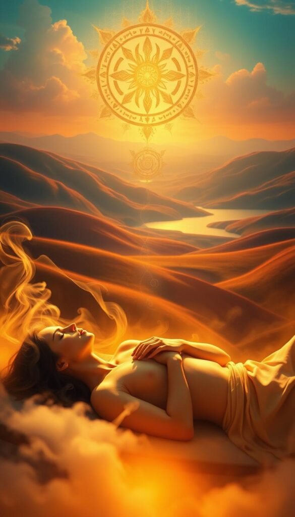 A serene dreamscape unfolds, bathed in warm, ethereal light. In the foreground, a figure reclines, eyes closed, hands placed gently over their heart - a symbol of inner healing. Wisps of mist swirl around them, evoking the subconscious realm of dreams. In the middle ground, abstract shapes and patterns emerge, resembling ancient symbols or glyphs, suggesting the mystical nature of the healing process. The background is a rich, vibrant landscape, with soft, undulating hills and a tranquil, reflective body of water, evoking a sense of balance and harmony. The overall composition radiates a sense of peace, tranquility, and the profound connection between the physical and spiritual realms. A serene dreamscape unfolds, bathed in warm, ethereal light. In the foreground, a figure reclines, eyes closed, hands placed gently over their heart - a symbol of inner healing. Wisps of mist swirl around them, evoking the subconscious realm of dreams. In the middle ground, abstract shapes and patterns emerge, resembling ancient symbols or glyphs, suggesting the mystical nature of the healing process. The background is a rich, vibrant landscape, with soft, undulating hills and a tranquil, reflective body of water, evoking a sense of balance and harmony. The overall composition radiates a sense of peace, tranquility, and the profound connection between the physical and spiritual realms.