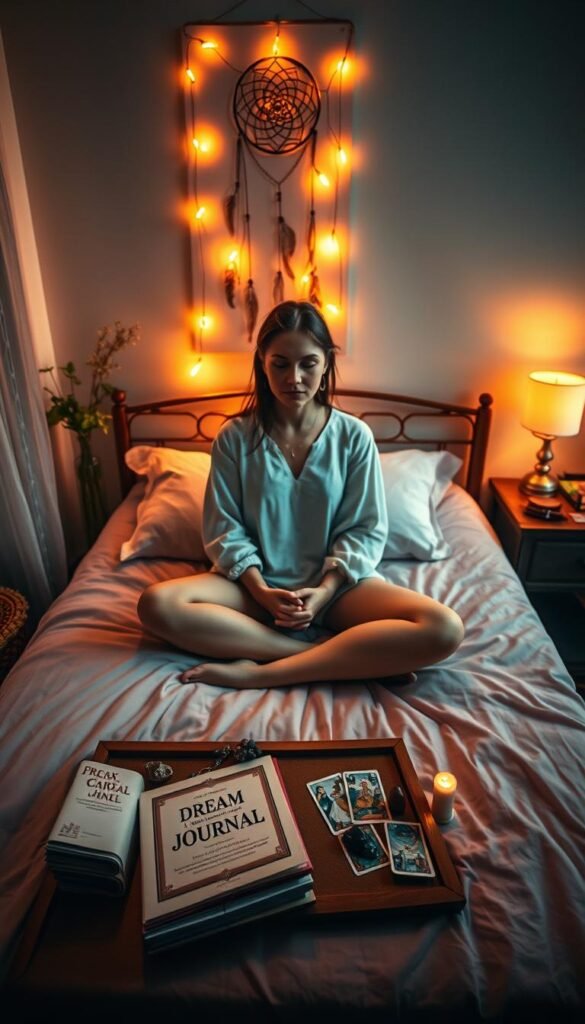 A serene, ethereal bedroom scene with a person sitting cross-legged on the bed, surrounded by thoughtful symbols and imagery. Warm, soft lighting illuminates a nightstand with a dream journal, tarot cards, and crystals. In the background, the wall is adorned with dreamcatcher-inspired artwork, conveying the mystical nature of the subject. Spiritual energy permeates the space, encouraging introspection and self-discovery. The overall atmosphere is one of contemplation and understanding, inviting the viewer to embark on a journey of dream exploration. A serene, ethereal bedroom scene with a person sitting cross-legged on the bed, surrounded by thoughtful symbols and imagery. Warm, soft lighting illuminates a nightstand with a dream journal, tarot cards, and crystals. In the background, the wall is adorned with dreamcatcher-inspired artwork, conveying the mystical nature of the subject. Spiritual energy permeates the space, encouraging introspection and self-discovery. The overall atmosphere is one of contemplation and understanding, inviting the viewer to embark on a journey of dream exploration.